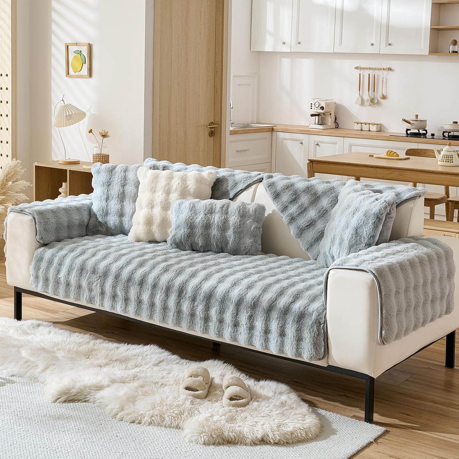 Faux Fur Couch Cover Fuzzy Soft Plush Thick Bubble Sofa Cover Luxury Sectional Couch Covers Luxury Anti-Slip Sofa Slipcover Washable Furniture Protector (Light Grey,36"x82")