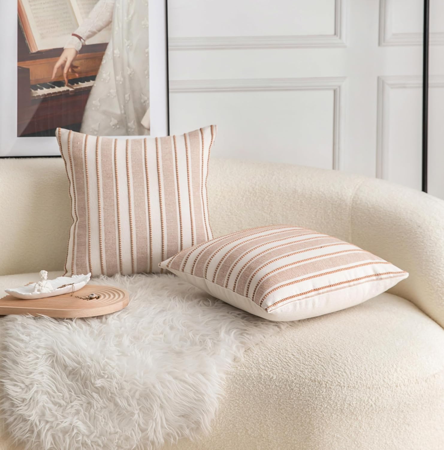 Decorative Boho Throw Pillow Covers, Farmhouse Textured Pillow Case, 20 x 20 Inch Set of 2, Chair Sofa Bedroom Living Room Home Decor Couch Cushion Case, Brown and Beige Striped