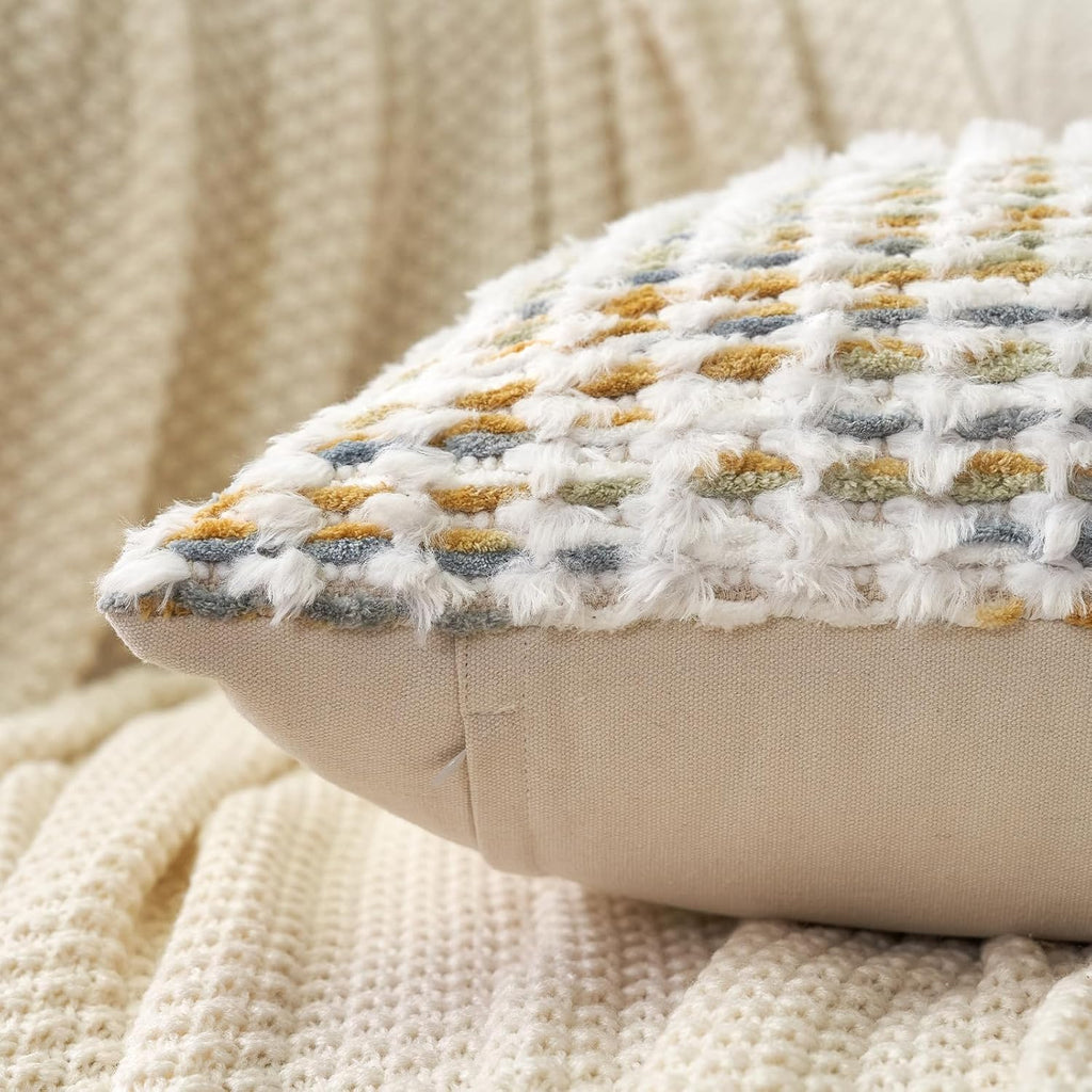Aeckself Boho Chenille Tufted Pillow Cover 18 x 18 Inch, Decorative Square Throw Pillow Cover Neutral Pillowcase for Couch Bedroom Living Room, Yellow White