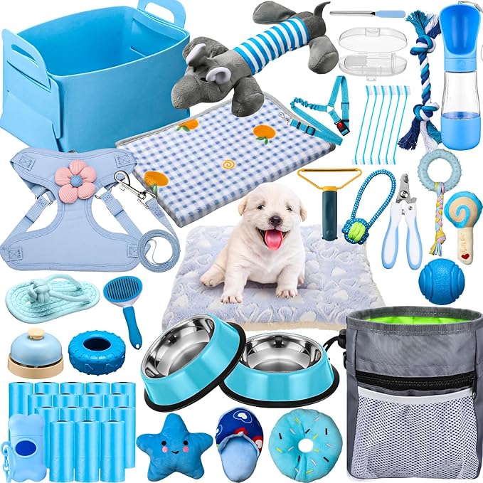 Abbylike 50 Pcs Puppy Supplies Starter Kit for Small Dogs Puppy Essentials Includes Leash, Bowls, Teeth Brushes, Water Bottle, and More Accessories for Dogs Christmas Welcome Gift(Blue)