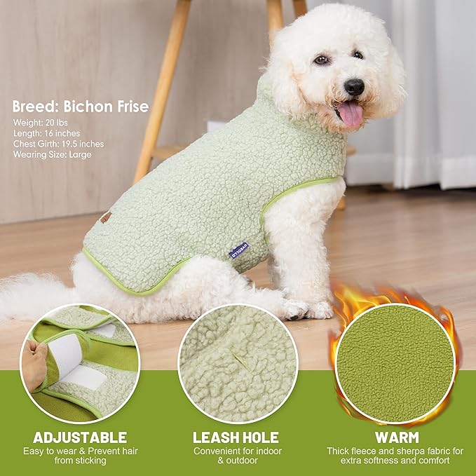 cyeollo Warm Dog Coat Fleece Sherpa Winter Sweater Coats, Turtleneck Dog Jacket Vest for Small Medium Large Dogs with Leash Hole, Soft Reversible Pet Coats for Cold Weather, Green, XL