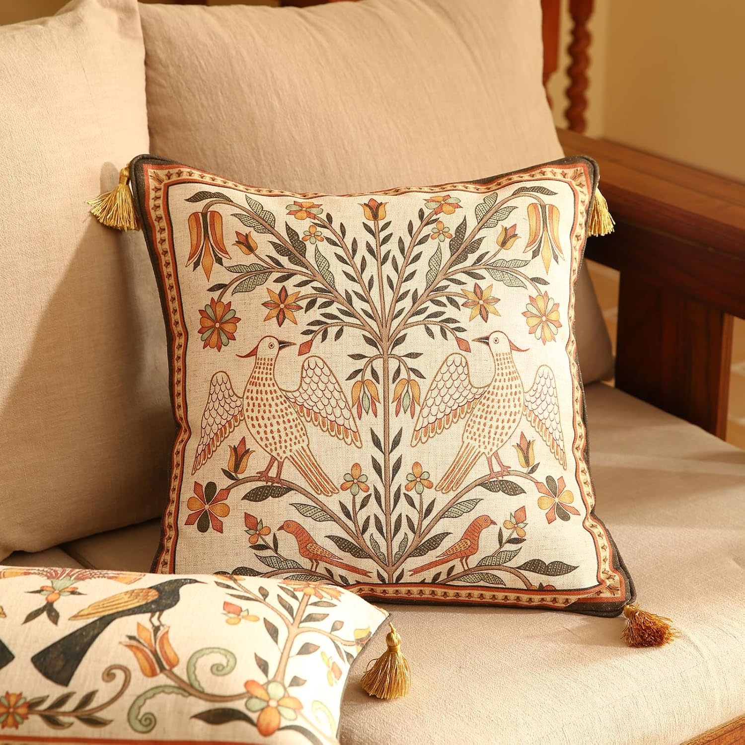 Brown Throw Pillow Covers Set of 2,Floral Farmhouse Yellow Birds Flower Pattern Linen Accent Pillows Cover for Couch,Decorative Pillows for Couch Sofa Bed Chair Cushion Covers 18"x18"