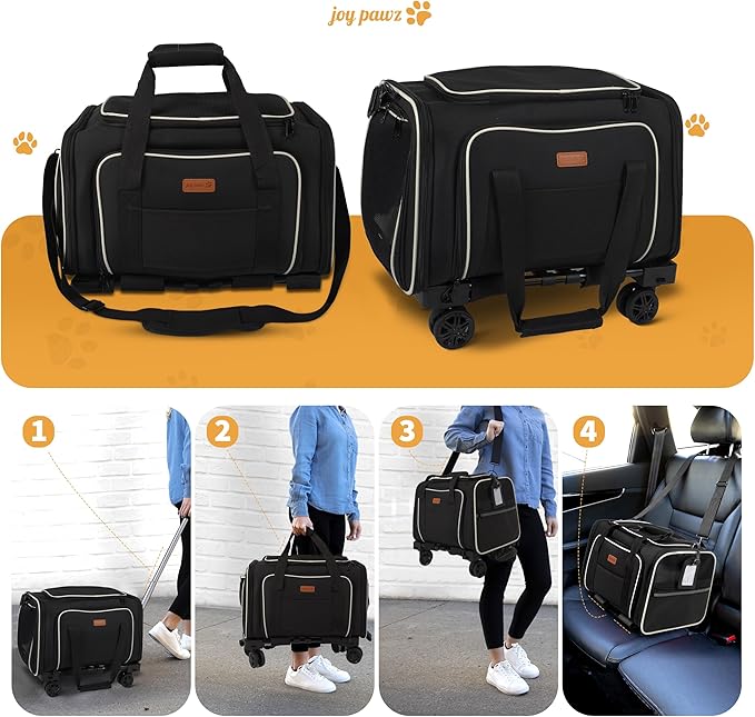 Pet Carrier for Travel - 15 LBS MAX Dogs/Cats Expandable - Airline Approved & Roomy - Premium Pets Carrier with Wheels - Cozy Soft-Lined Travel Carrier - Stylish Black Design
