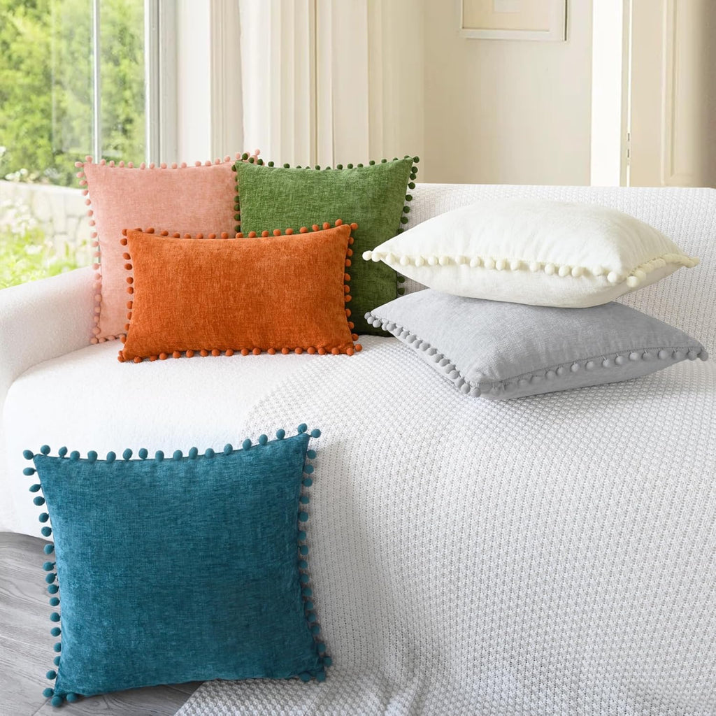 CaliTime Throw Pillow Covers Decorative 16 X 16 Inches Pack of 2 Cozy Solid Dyed Soft Chenille Cushion Cases with Pom Poms for Couch Sofa Bed Living Room Home Moonbeam Gray