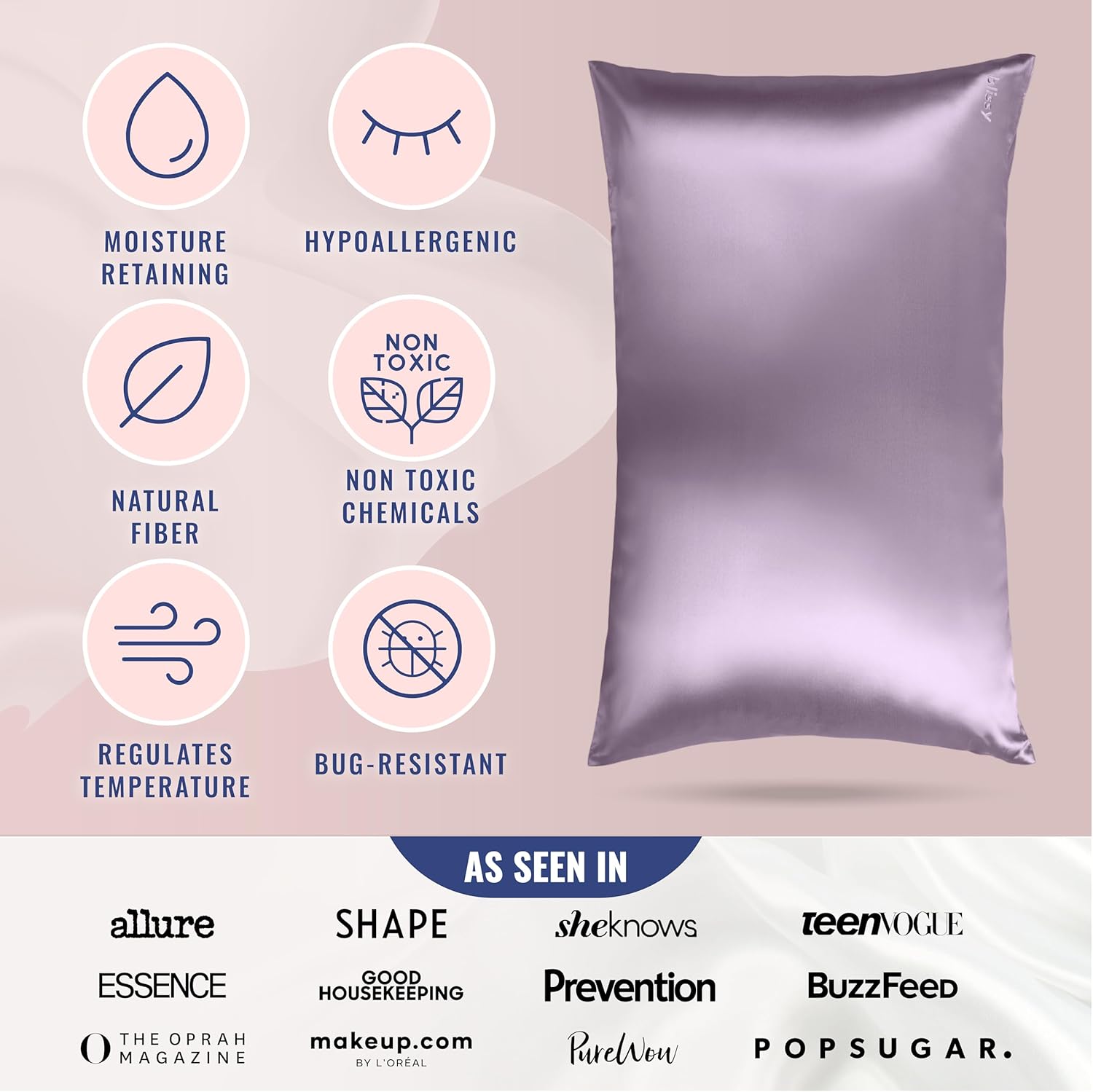 Blissy Silk Pillowcase - 100% Pure Mulberry Silk - 22 Momme 6A High-Grade Fibers - Silk Pillow Cover for Hair & Skin - Regular, Queen & King (Lavender, Queen)