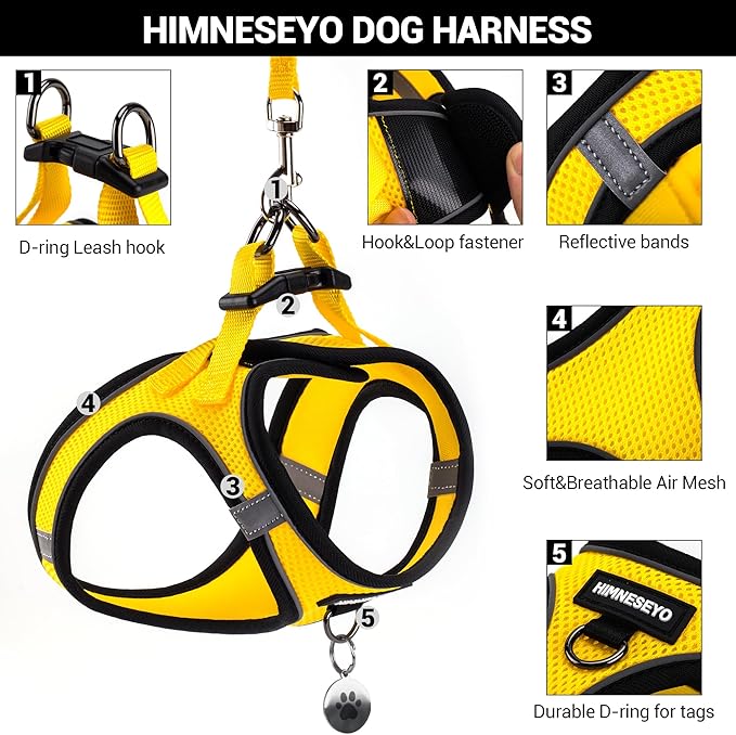 Dog Harness and Leash Set, Dog Harness for Dogs No Pull, No-Chock Step-in Reflective Breathable Lightweight Easy Walk Vest Harnesses with Safety Buckle for Small Medium Dogs, Cats (Yellow, S)