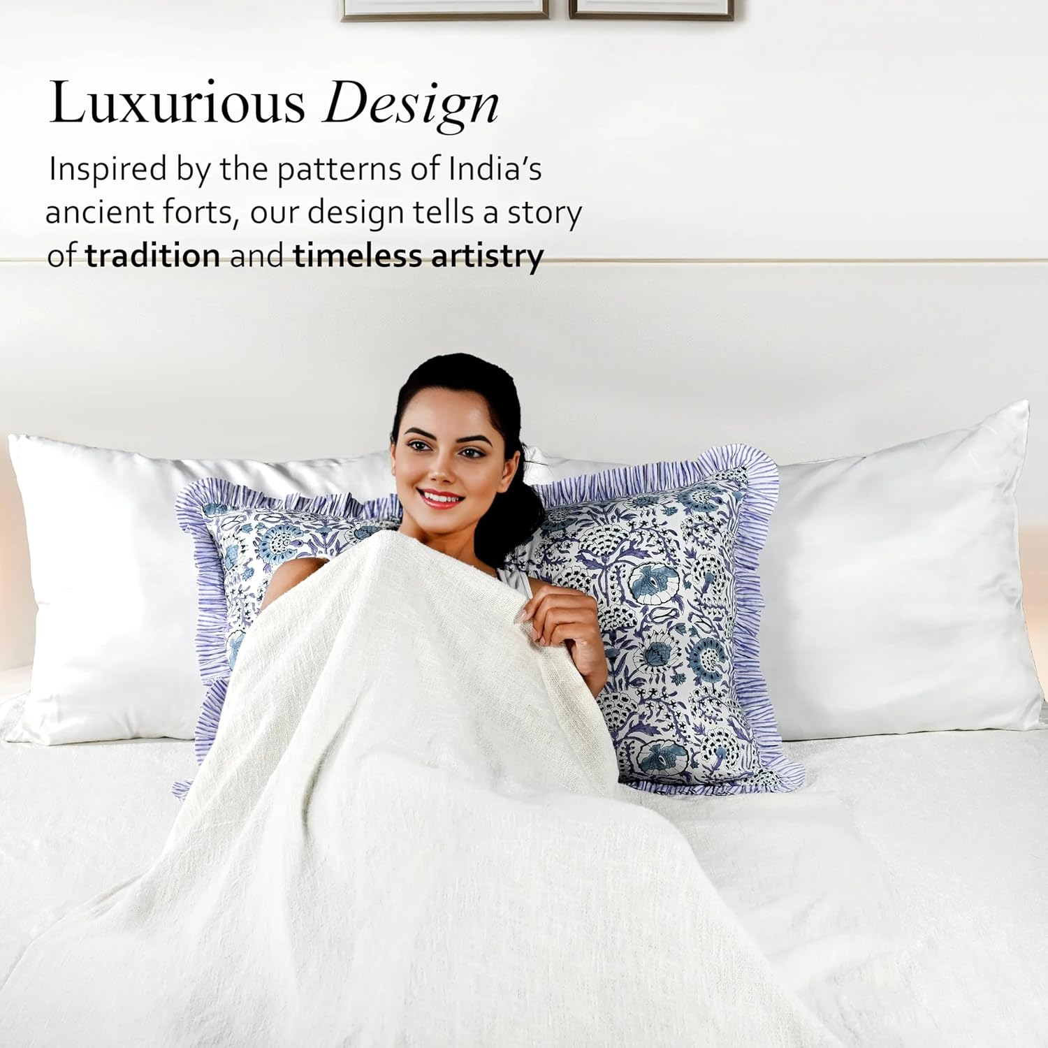 CPC Indigo Blue 100% Cotton Block Print Ruffle Sham Cover 20X30 inch Pack of 2, Handmade Boho Floral Pillowcase, Soft Decorative Queen Bed Pillow Cover for Bedroom Décor