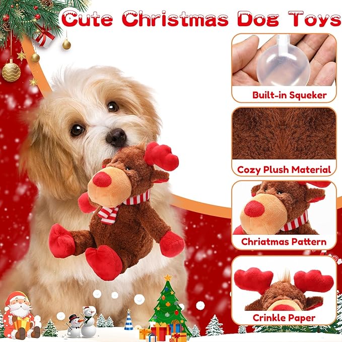 Christmas Squeaky Toys With Crinkle Paper, Plush Reindeer Interactive Stuffed Chew Toys, Gifts for Puppy, Small, Medium, Large Dogs