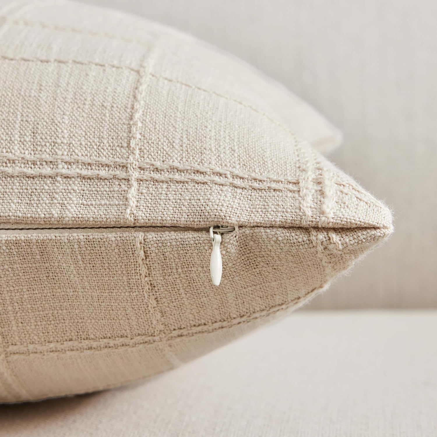 ZeeMart Linen Checked Throw Pillow Covers Set of 2, 24x24 Inch Allover Grid Beige, Farmhouse Decorative Double Sided Grid Embroidered Couch Pillow Cases Beige Cotton Linen Cushion Covers