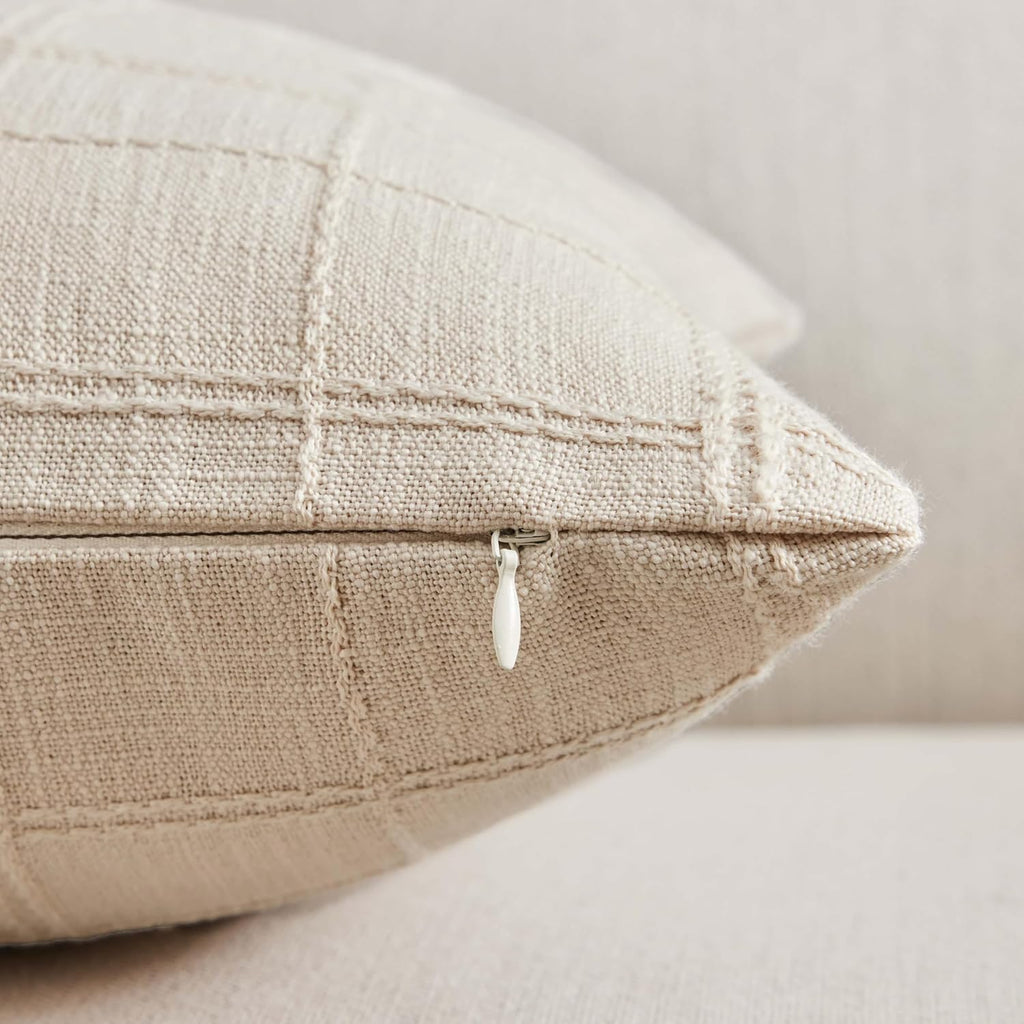 ZeeMart Linen Checked Lumbar Throw Pillow Covers Set of 2, 12x20 Inch Allover Grid Beige, Farmhouse Decorative Double Sided Grid Embroidered Couch Pillow Cases Beige Cotton Linen Cushion Covers