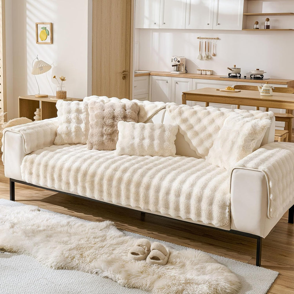 Faux Fur Couch Cover Fuzzy Soft Plush Thick Bubble Sofa Cover Luxury Sectional Couch Covers Luxury Anti-Slip Sofa Slipcover Washable Furniture Protector (Ivory,36"x82")