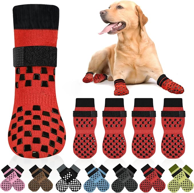Non Slip Dog Socks to Prevent Licking Paws Grippy Socks for Senior Dog on Hardwood Floors Anti Slip Dog Socks for Christmas Holiday Double Side Paw Protector Prevent Scratching Red S