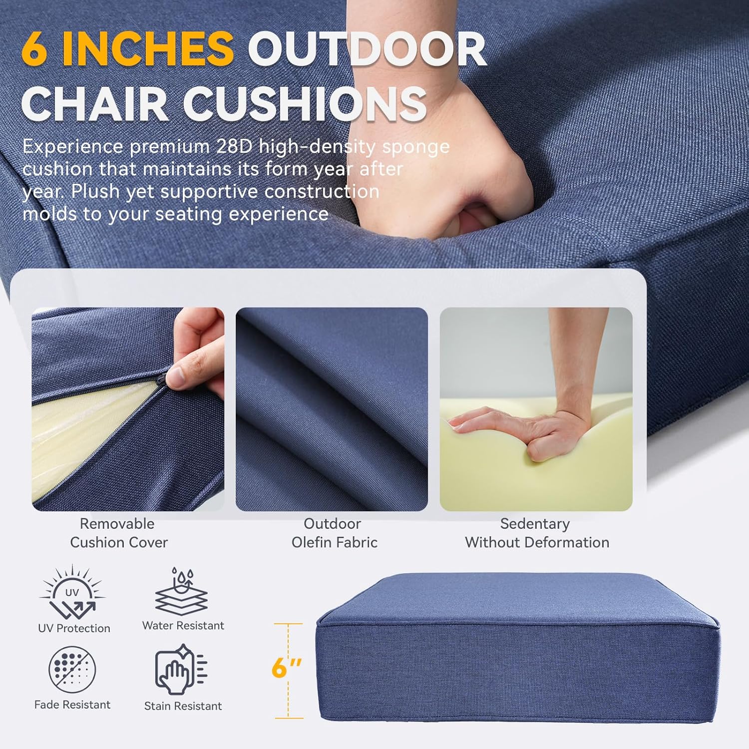 6" Thick Outdoor Chair Cushions - 22"* 24" Patio Furniture Cushions with Water Resistant & Removable Cover, 28D High Density Sponge Patio Cushion for Outdoor Furniture Couch Chair Blue