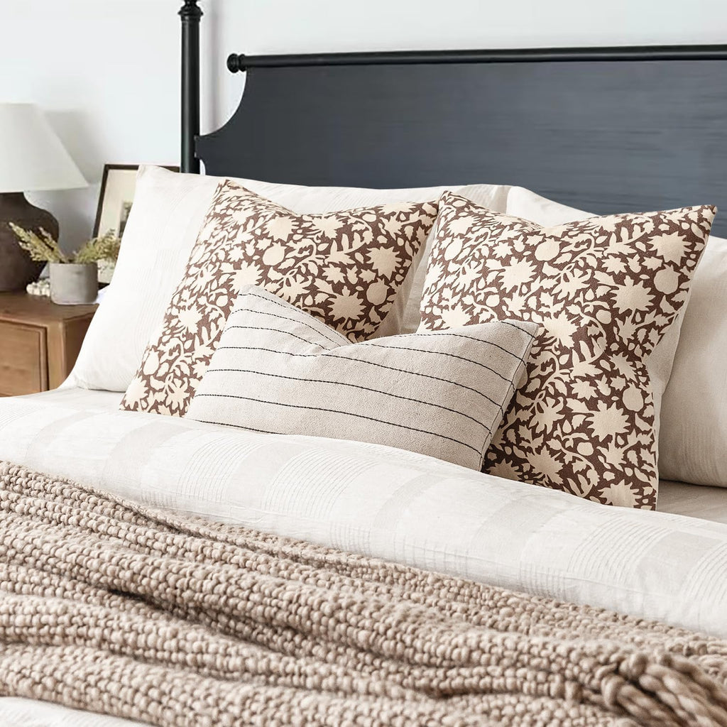 Foindtower Set of 2 Decorative Neutral Floral Throw Pillow Covers Accent Farmhouse Cushion Covers Boho Vintage Pillowcase for Couch Sofa Bedroom Living Room Home Decor,18×18 Inch,Brown