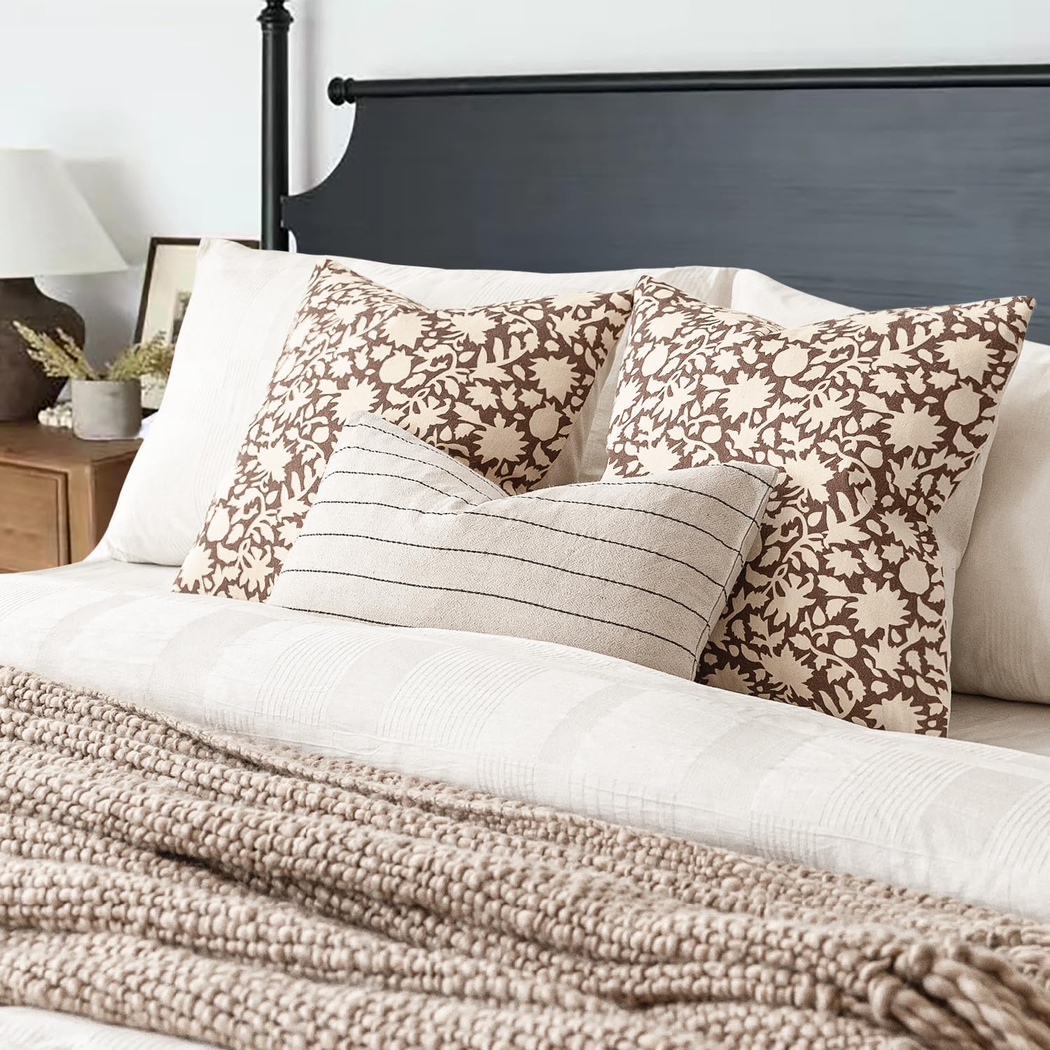 Foindtower Set of 2 Decorative Neutral Floral Throw Pillow Covers Accent Farmhouse Cushion Covers Boho Vintage Pillowcase for Couch Sofa Bedroom Living Room Home Decor,18×18 Inch,Brown