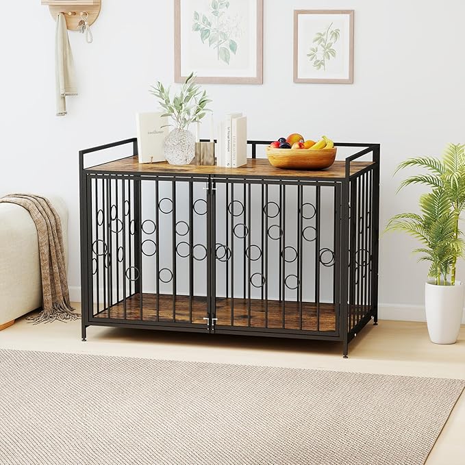 38 Inch Chew Proof Heavy Duty Dog Crate for Large Dogs, Furniture Kennel with Table Top, Waterproof Wooden Finish Indoor Metal Cage Furniture