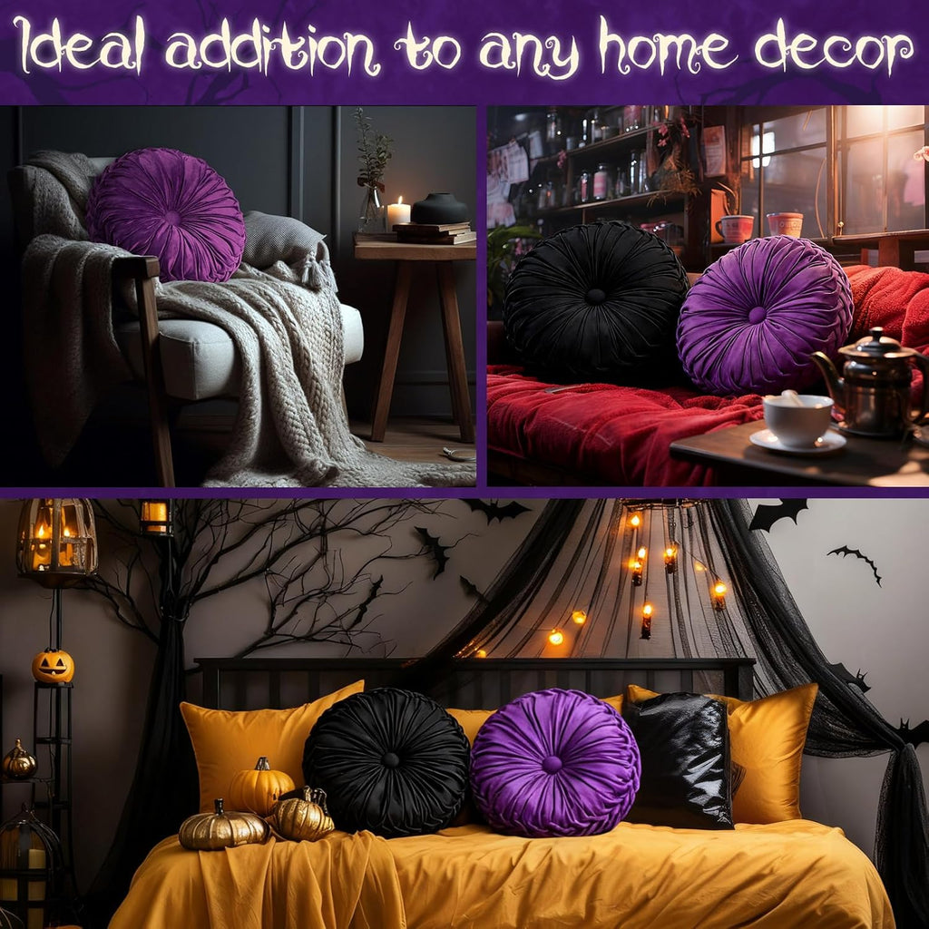 2 Pcs Round Throw Pillows 15 Inch Decorative Velvet Pleated Pumpkin Floor Boho Pillows for Living Room Couch Chair Bed Sofa (Black and Purple)