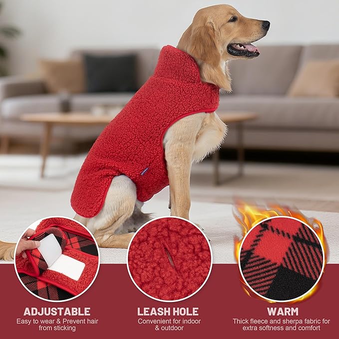cyeollo 3XL Dog Coat, Fleece Sherpa Winter Sweater Coats, Turtleneck Dog Jacket Vest for Large Dogs with Leash Hole, Soft Reversible Pet Coats for Cold Weather, Buffalo Plaid XXXL