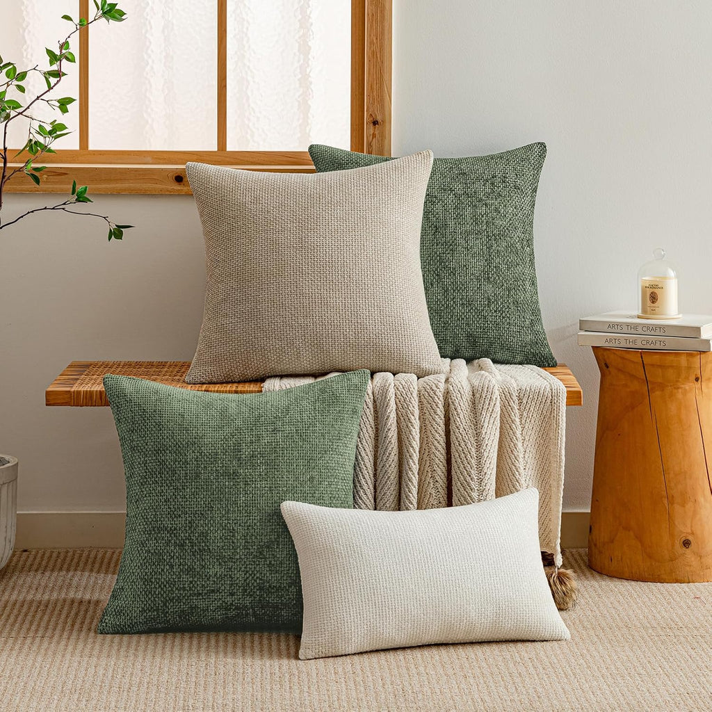 a moment Moss Green Chenille Throw Pillow Covers 22x22 Inch Pack of 2 Modern Decorative Throw Pillow Covers Farmhouse Cross Covers Home Decor for Sofa Bedroom Living Room