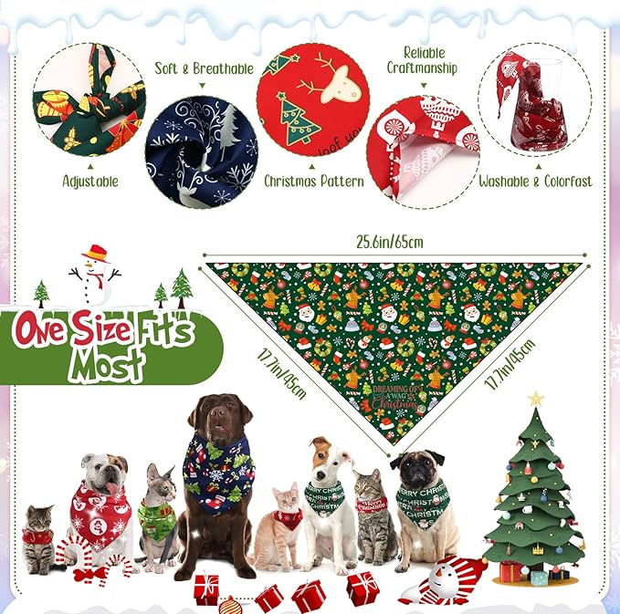 Abbylike 50 Pcs Dog Bandanas Bulk Pet Scarfs Triangle Bibs Adjustable Washable Puppy Kerchief Seasonal Pet Costume Accessories Grooming Supplies for Small Medium Large Dogs Cats(Christmas)