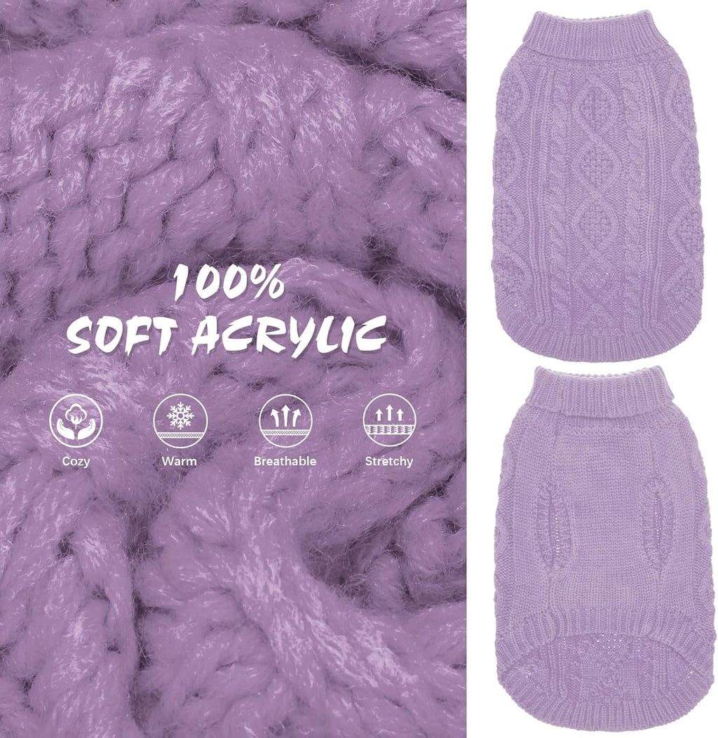 BINGPET Thermal Knitted Dog Sweater, Winter Dog Cat Coat, Warm Sweater for Small Medium Large Dogs, Classic Cable Knit Turtleneck Pullover, Purple, Medium/Large