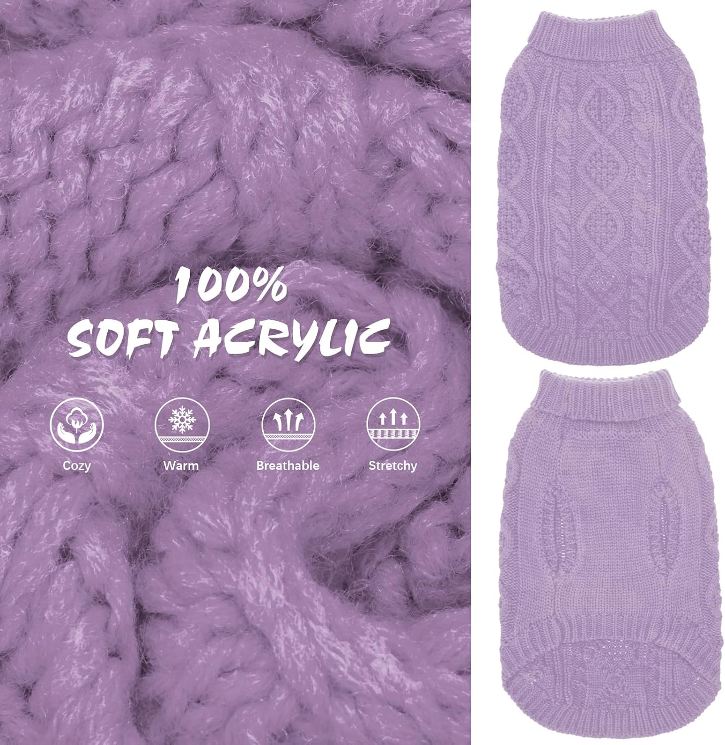 BINGPET Thermal Knitted Dog Sweater, Winter Dog Cat Coat, Warm Sweater for Small Medium Large Dogs, Classic Cable Knit Turtleneck Pullover, Purple, Medium/Large