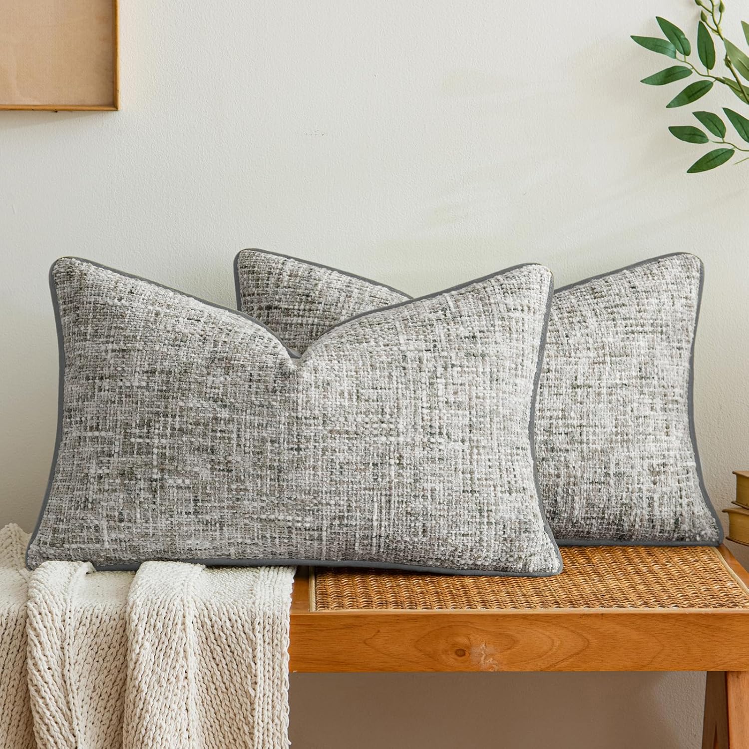 a moment Grey Reversible Pillow Covers 2 Pack - Farmhouse Chenille Throw Pillows, Neutral Textured Decorative Throw Pillow Covers with Border for Couch Sofa Bed (12x20 Inch, No Insert)