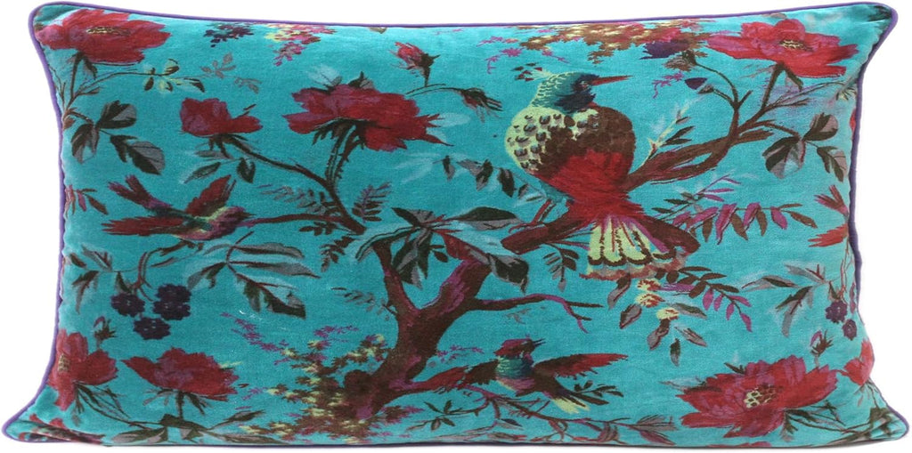 Eyes of India Velvet Floral Flower Bird Throw Pillow Sofa Cushion Cover Case Couch Colorful Boho Chic Bohemian Accent Indian Handmade (Teal, 20" x 12")