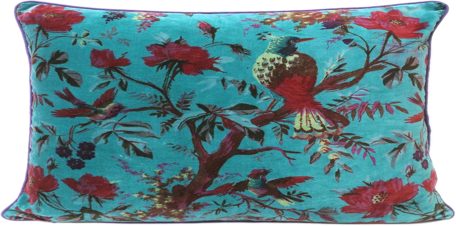 Eyes of India Velvet Floral Flower Bird Throw Pillow Sofa Cushion Cover Case Couch Colorful Boho Chic Bohemian Accent Indian Handmade (Teal, 20" x 12")