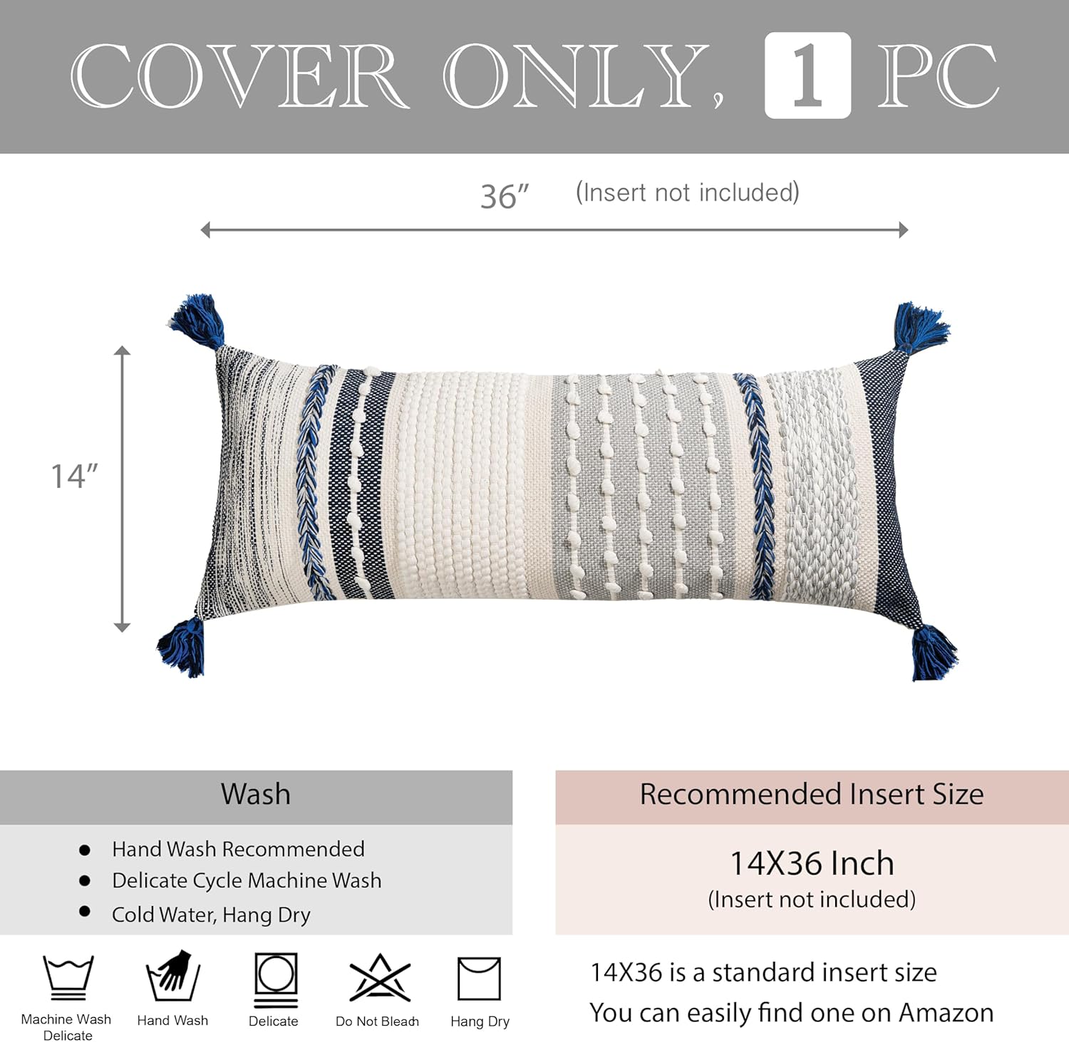 BlissBlush Navy Dark Blue Boho Decorative Lumbar Pillow Cover 14x36, Long Body Pillow for Bed, Accent Lumbar Throw Pillow for Couch, Modern Farmhouse Textured Pillowcase