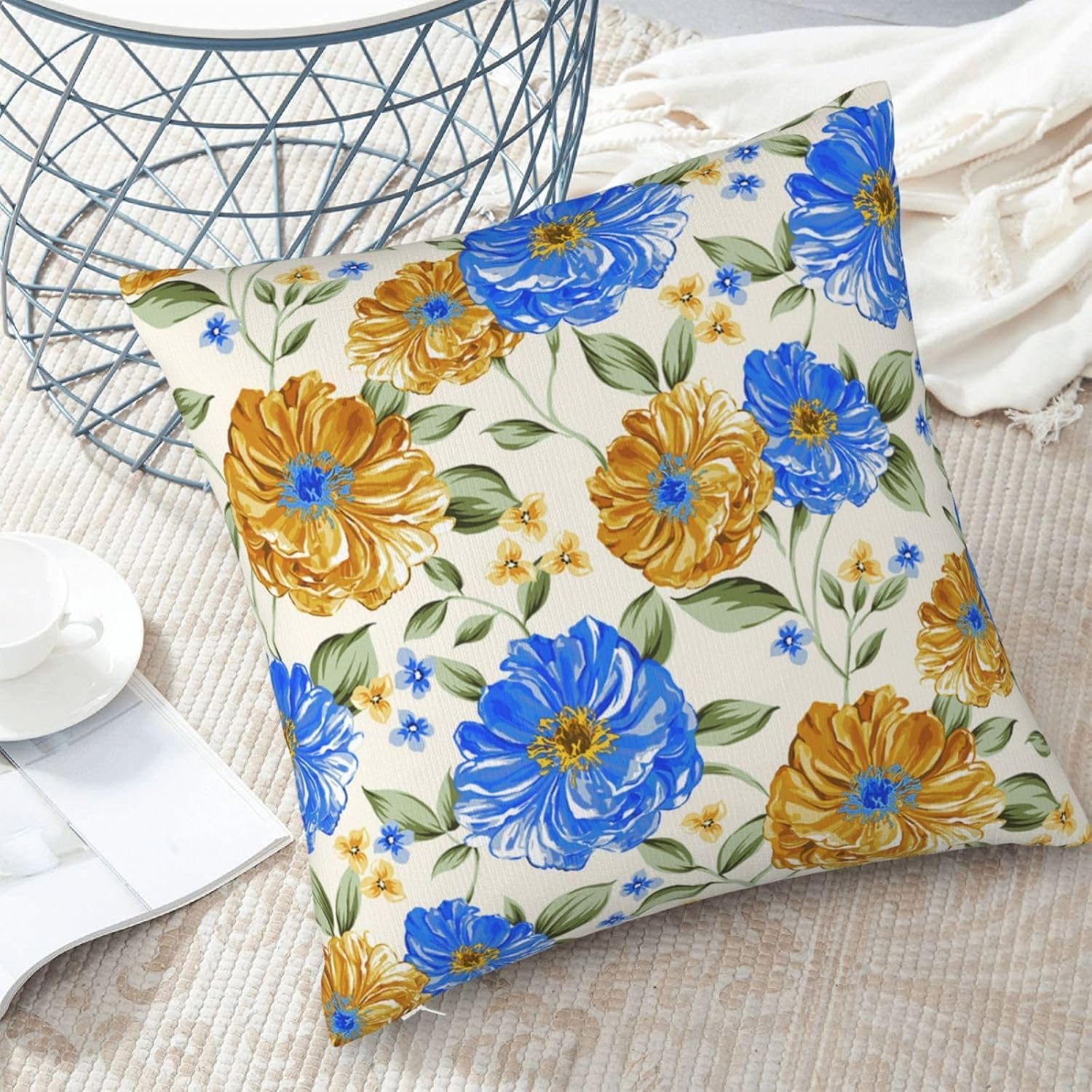 Blue and Yellow Floral Throw Pillow Covers 18x18 Inch Set of 2, Decorative Blue Gold Flowers Pillows, Modern Boho Square Cushion Covers for Office Couch Sofa Bedroom Living Room Farmhouse Home Decor