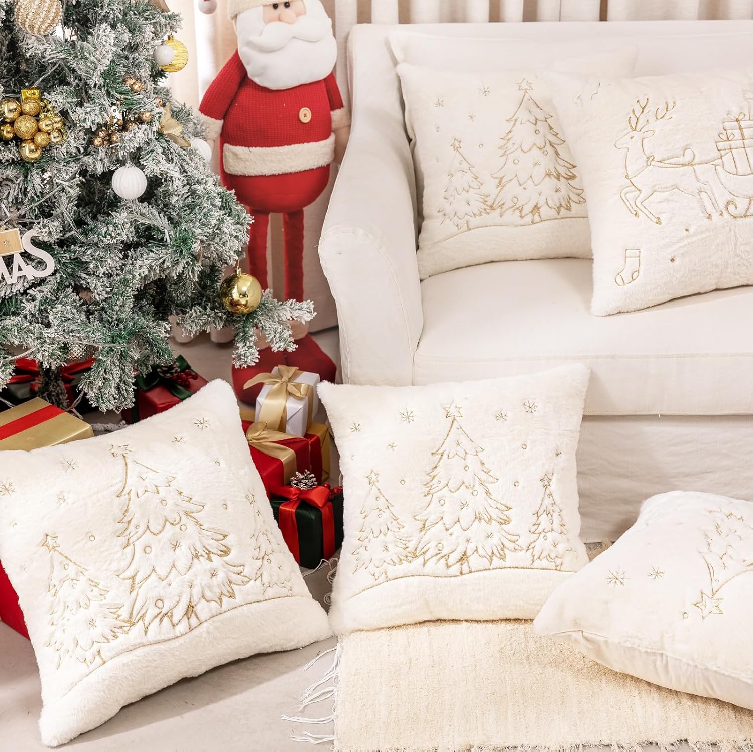 Christmas Embroidered Throw Pillow Cover - Soft Chenille Holiday Decorative Cushion for Xmas Tree Decor, Winter Home Decor, Cozy Living Room Bedroom Sofa (Christmas Tree, 22" x 22" (Pack of 2))