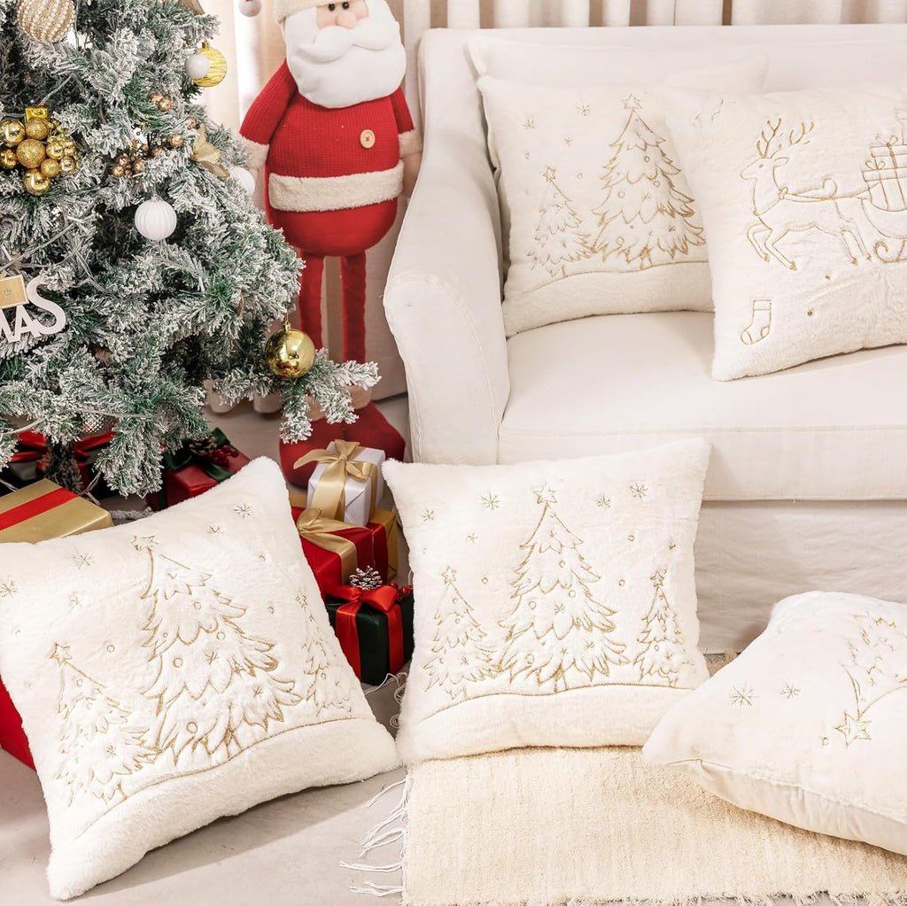 Christmas Embroidered Throw Pillow Cover - Soft Chenille Holiday Decorative Cushion for Xmas Tree Decor, Winter Home Decor, Cozy Living Room Bedroom Sofa (Christmas Tree, 20" x 20" (Pack of 2))