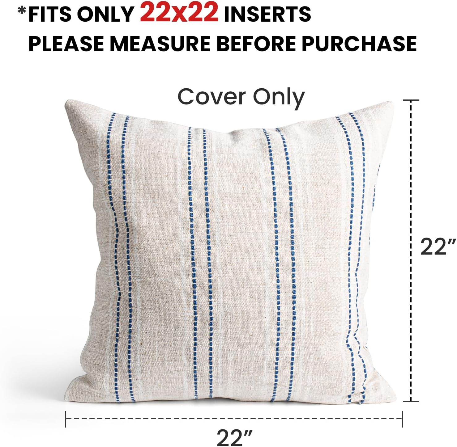 AELS 22x22 Decorative Farmhouse Linen Throw Pillow Covers, Boho Textured Pillow Case, Set of 2, Beige with White & Navy Blue Stitch Yarn Dyed Stripe Cushion Cover for Couch Living Room (Cover ONLY)