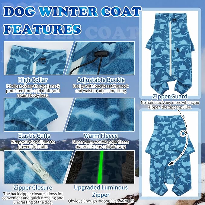 ROZKITCH Fleece Pajamas for Large Dogs, Pet Windproof Warm Cold Weather Jacket Vest with Luminous Zipper, Jumpsuit Apparel Outfit Clothes for Large Giant Dog Shark 4XL
