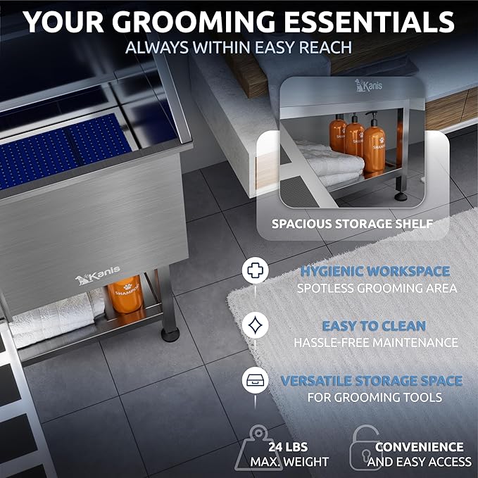 KANIS Professional Dog Washing Station - 304 Stainless Steel Pet Wash Sink & Grooming Bathtub w/Shower, Floor Grates and Storage for Large, Medium & Small Pets (40", Shelf - Left Ramp)