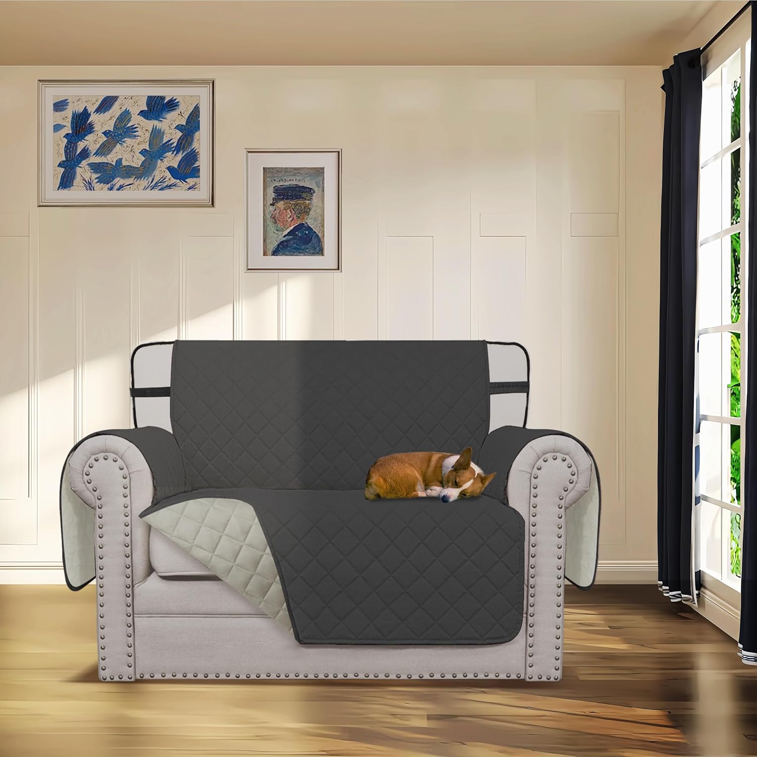 Easy-Going Reversible Chair Cover Washable Sofa Cover for Dogs Water Resistant Couch Slipcover Furniture Protector Cover with Adjustable Straps for Pets (Chair 30 in, Dark Gray/Beige)