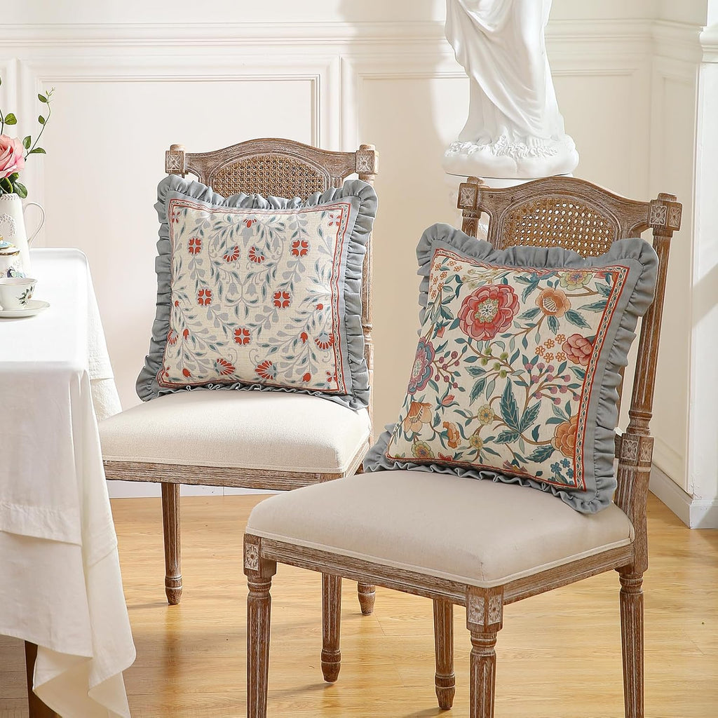 Floral Throw Pillow Covers Set of 2,Cottage Rustic with Blooming Flower Pattern Linen Pillowcases,Decorative Square Pillows Cushion Covers for Couch Sofa Bed Chair Car,18x18 Inches