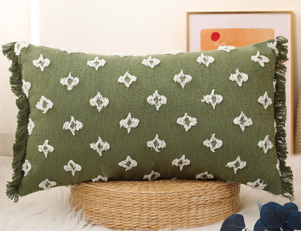 Boho Long Lumbar Pillow Cover 12x26 with Tassel,3D Flower Patterned Cotton Decorative Long Lumbar Pillow Cover Pillow Case for Sofa Couch Bed Livingroom Farmhouse,Sage Green