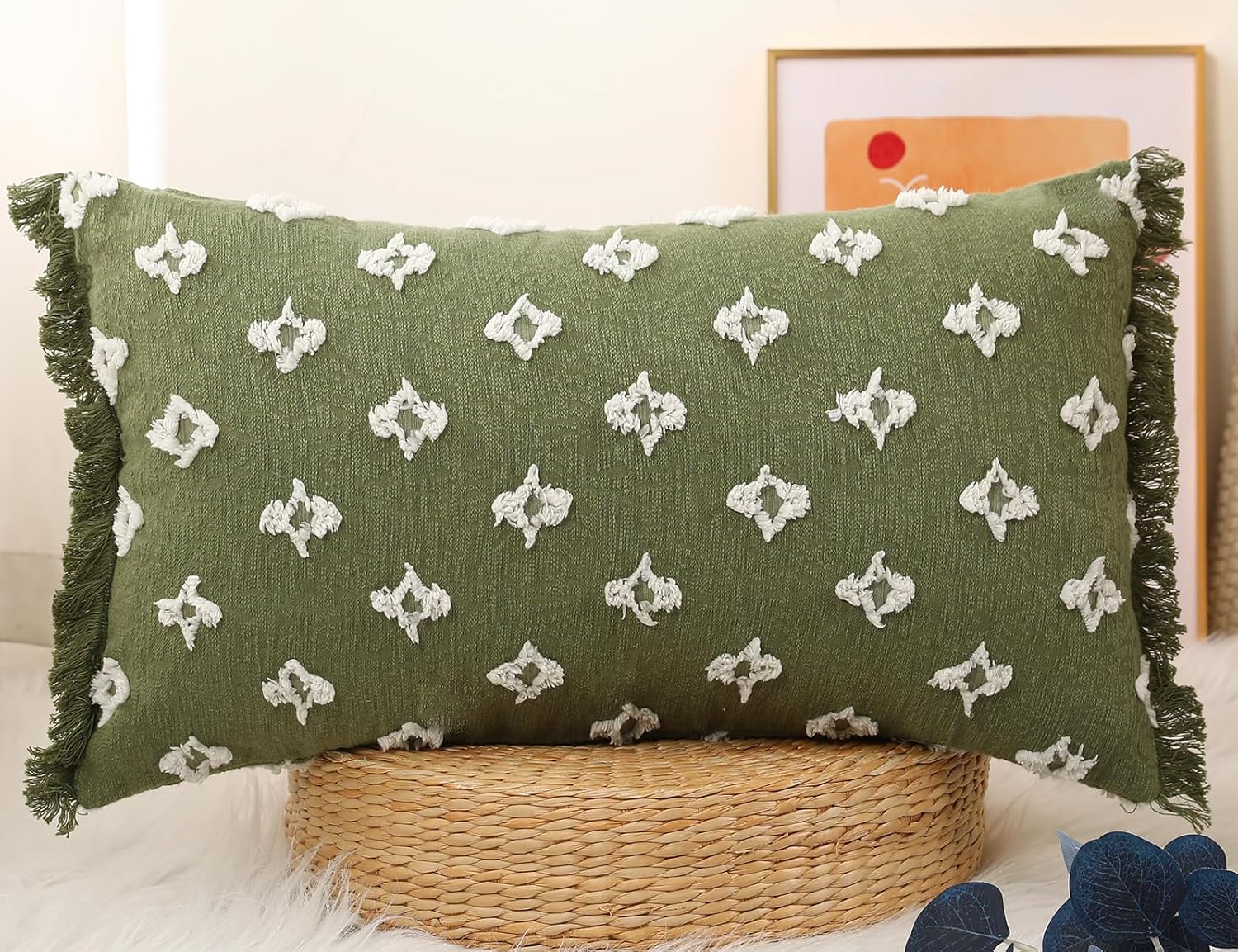 Boho Long Lumbar Pillow Cover 14x28 with Tassel,3D Flower Patterned Cotton Decorative Long Lumbar Pillow Cover Pillow Case for Sofa Couch Bed Livingroom Farmhouse,Sage Green