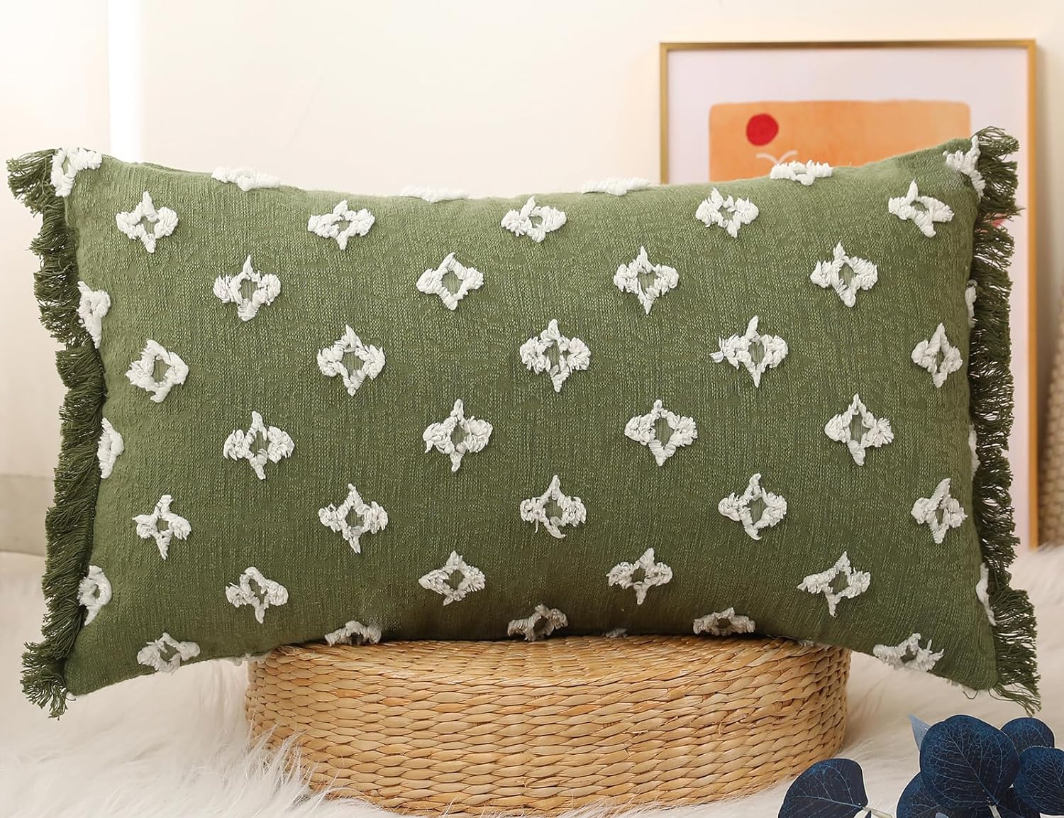 Boho Long Lumbar Pillow Cover 12x24 with Tassel,3D Flower Patterned Cotton Decorative Long Lumbar Pillow Cover Pillow Case for Sofa Couch Bed Livingroom Farmhouse,Sage Green