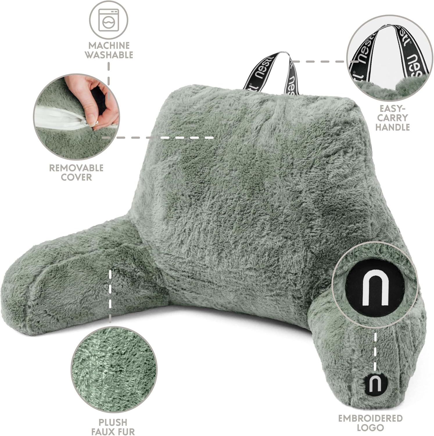 Nestl Fur Reading Pillow, Stylish Back Pillow for Bed Sitting Up, Faux Fur Bed Chair Pillow with Arms, Reading Pillows for Sitting in Bed Adult & Kids, Back Support Pillow for Bed Rest - Sage Green