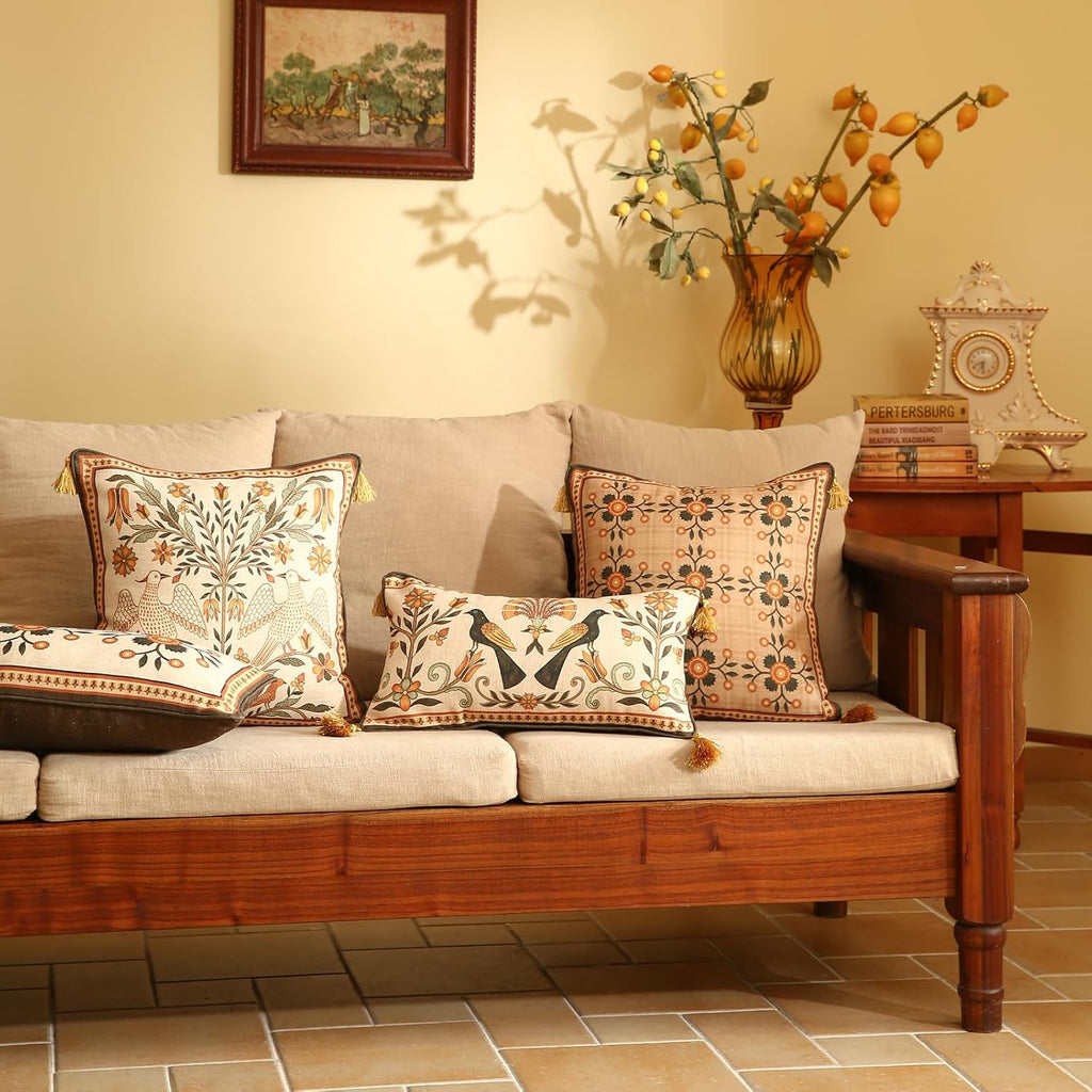 Brown Throw Pillow Covers,Floral Farmhouse Birds Flower Pattern Linen Accent Pillows Cover for Couch,Decorative Lumbar Pillows for Couch Sofa Bed Chair Cushion Covers 12"x20"