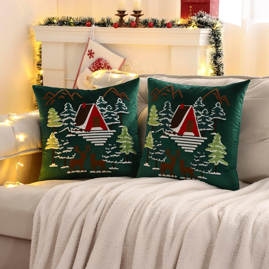 LUOYEHK Christmas Green Pillow Covers 18x18 Set of 2 House and Deer Decorative Pillow Cases Winter Holiday Velvet Embroidered Cushion Covers for Couch Sofa Bed