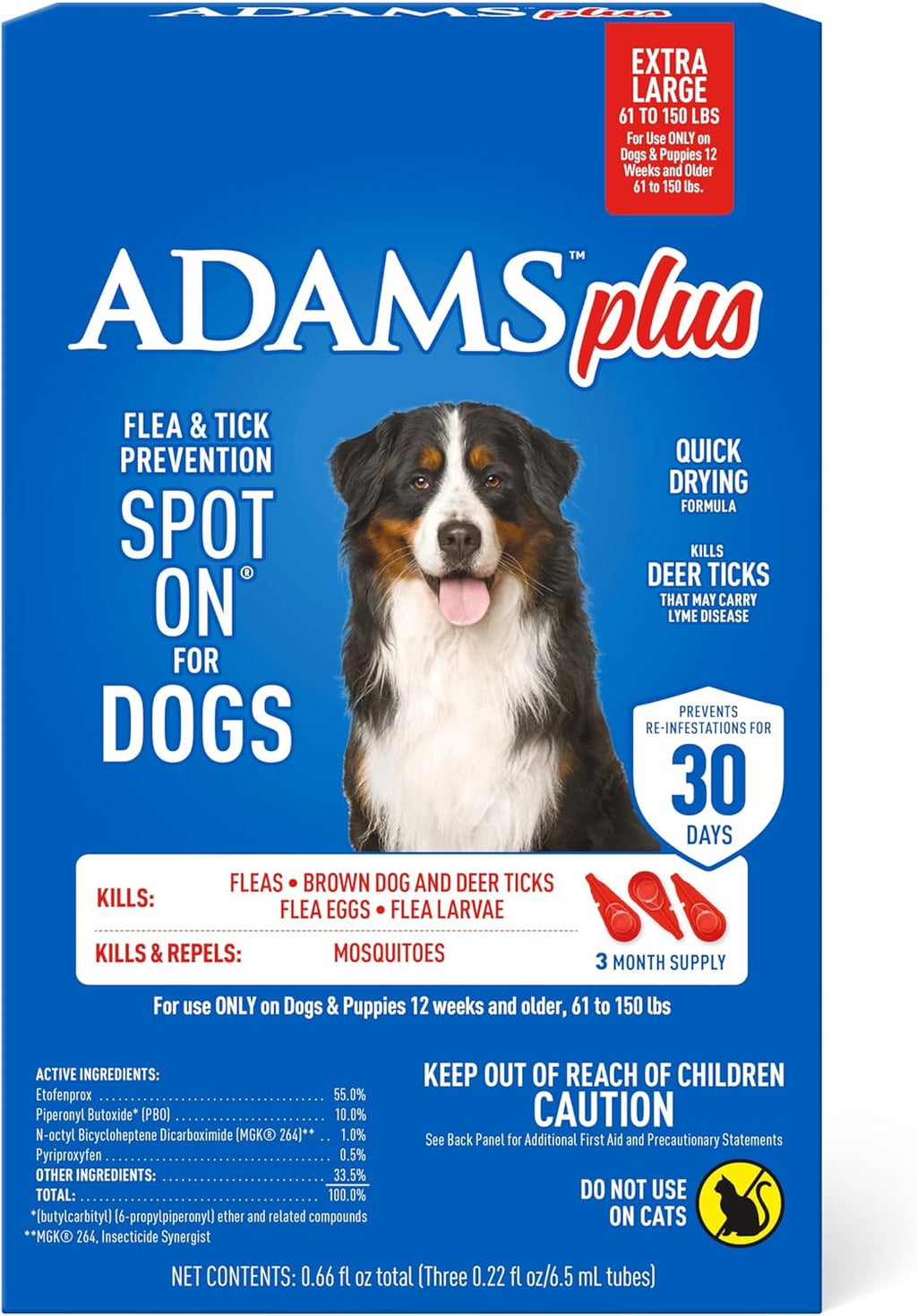 Adams Plus Flea & Tick Prevention Spot On for Dogs 61-150 Pounds, 12 Weeks & Older, 3-Month Supply, Kills Fleas, Flea Eggs, Flea Larvae & Brown Dog & Deer Ticks, Kills & Repels Mosquitoes For 30 Days
