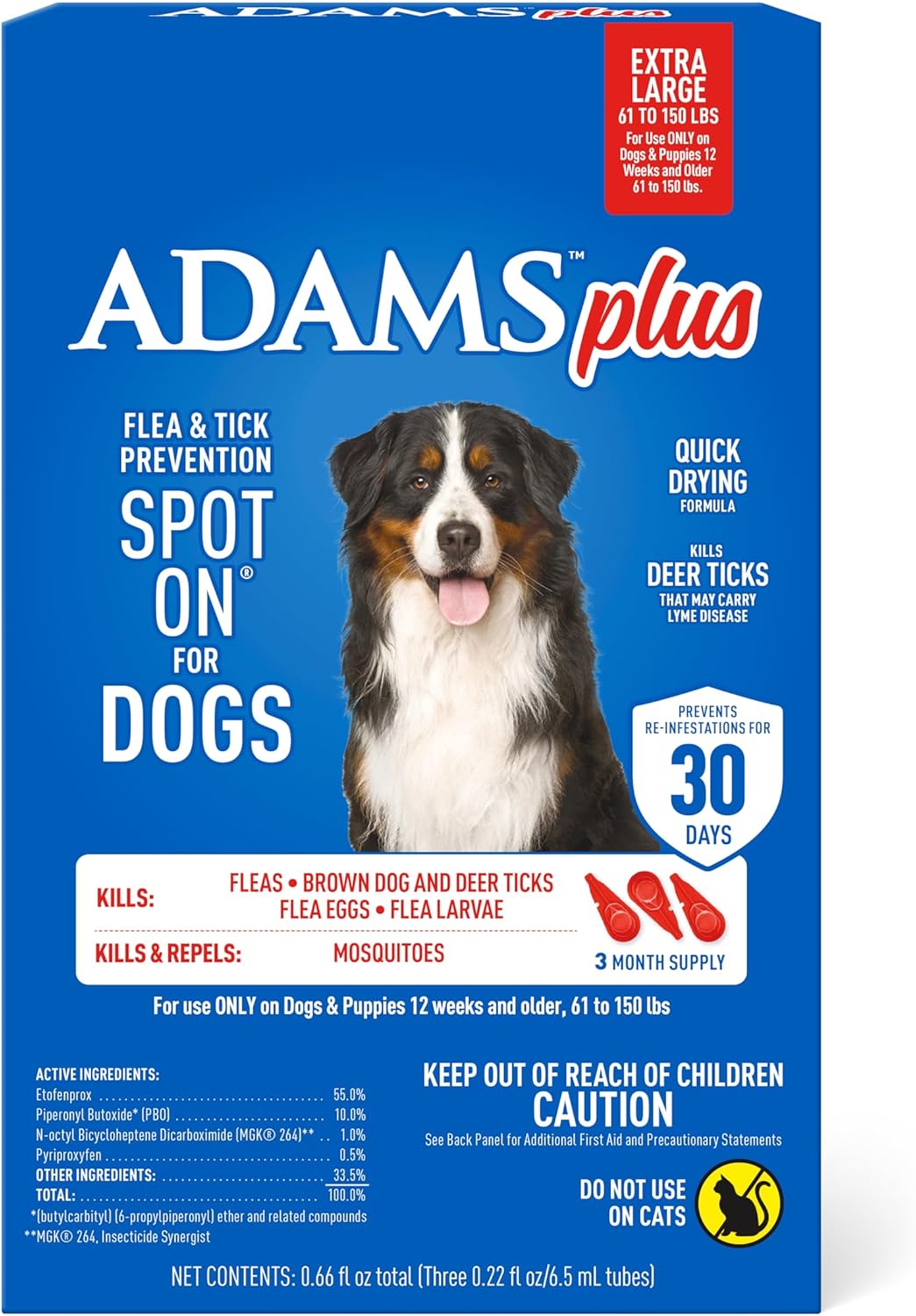 Adams Plus Flea & Tick Prevention Spot On for Dogs 61-150 Pounds, 12 Weeks & Older, 3-Month Supply, Kills Fleas, Flea Eggs, Flea Larvae & Brown Dog & Deer Ticks, Kills & Repels Mosquitoes For 30 Days