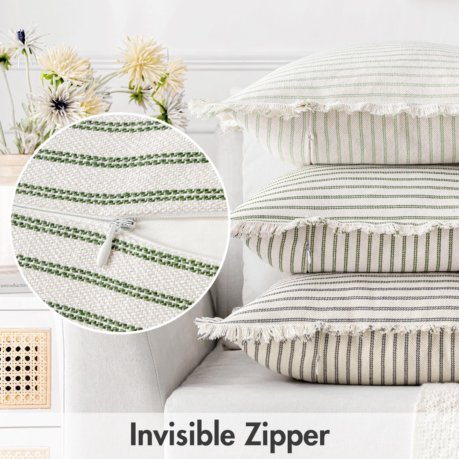 MIULEE Pack of 2 Olive Green Christmas Pillow Covers 26x26 Inch Striped Farmhouse Couch Throw Pillow Covers with Fringe Chic Linen Decorative Cushion Eruo Sham for Sofa Room Bed Outdoor Home Decor