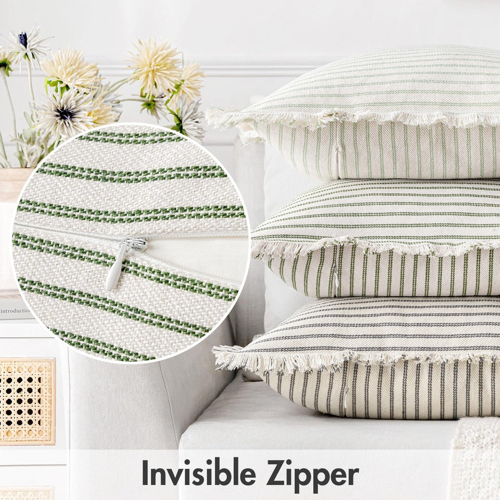 MIULEE Pack of 2 Olive Green Christmas Pillow Covers 20x20 Inch Striped Farmhouse Couch Throw Pillow Covers with Fringe Chic Linen Decorative Cushion Covers for Sofa Living Room Bed Outdoor Home Decor