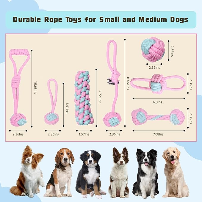 7 Pack Dog Rope Toys, Interactive Tough Chew Toys for Small and Medium Dogs, Clean Teeth and Relieve Boredom, Tug of War, Aggressive Chewers, Cotton Rope Knot Puppy Dental Toy, Pink