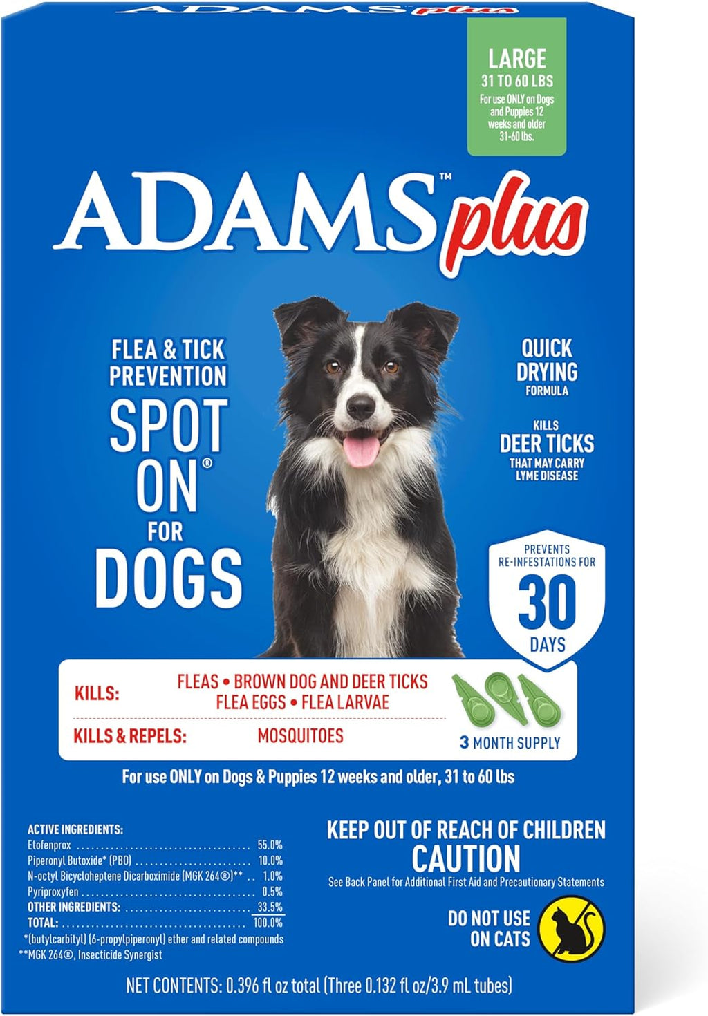 Adams Plus Flea & Tick Prevention Spot On for Dogs 31-60 Pounds ; 12 Weeks & Older, 3-Month Supply, Kills Fleas, Flea Eggs, Flea Larvae & Brown Dog & Deer Ticks, Kills & Repels Mosquitoes for 30 Days